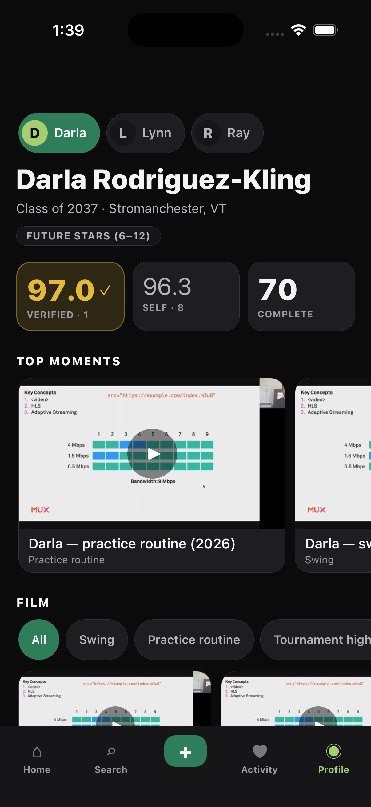 The top of a mobile resume: both scoring averages as stat tiles, the Top Moments rail and the film categories.