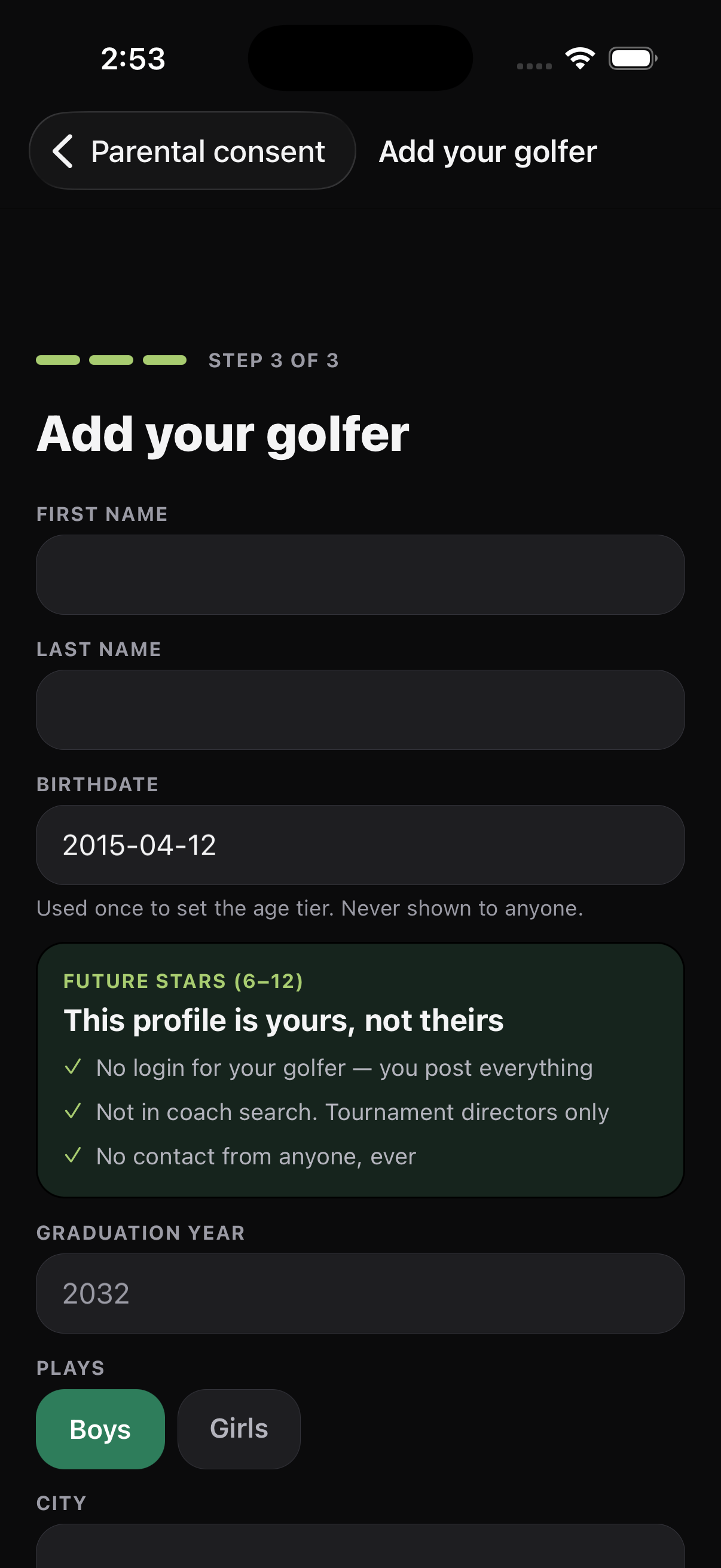 Adding a golfer: the age tier revealed as the birthdate is entered, stating what that tier allows before the profile exists.